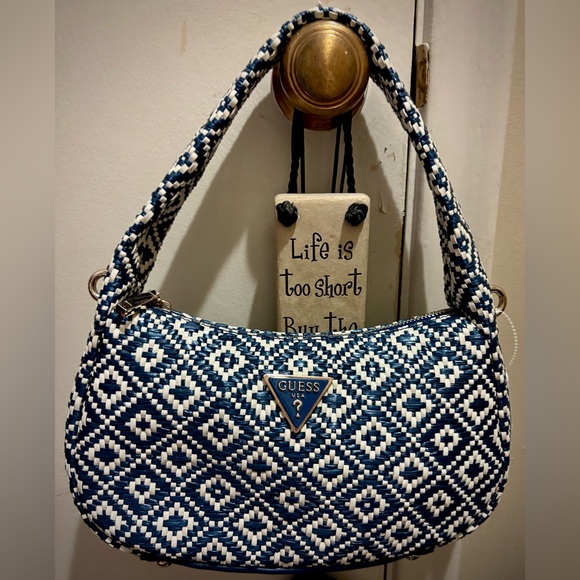 GUESS-Rianee-Blue and White Woven Purse-Comes W/Detachable Shoulder Strap-New - Picture 6 of 6